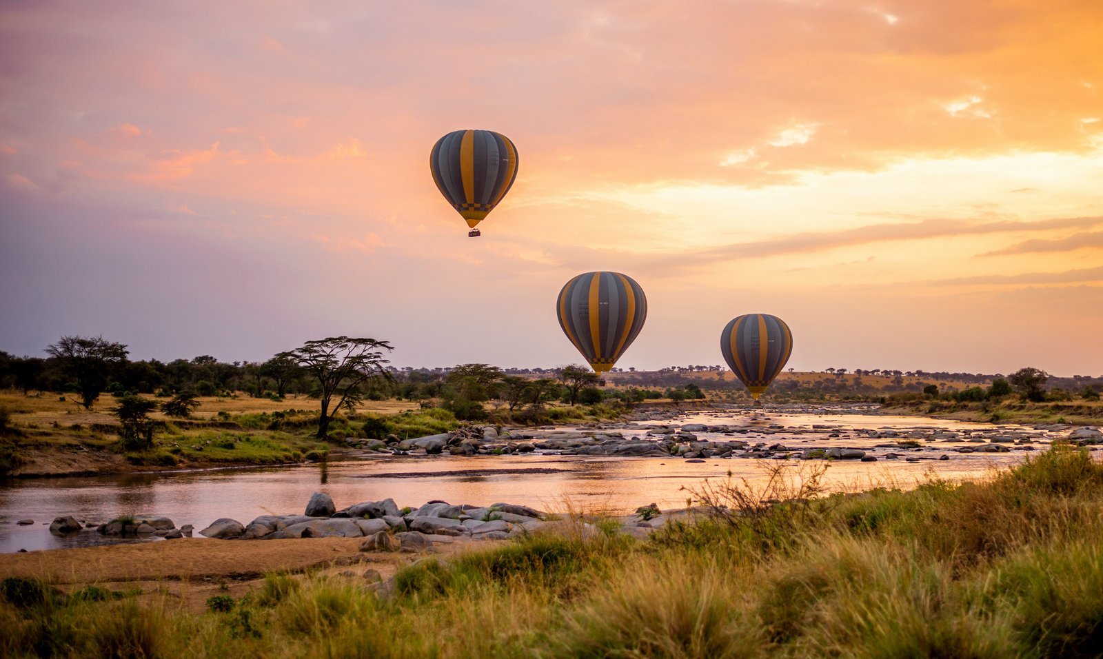 Three hot air balloons floating over the Serengeti plains at sunrise, Tanzania