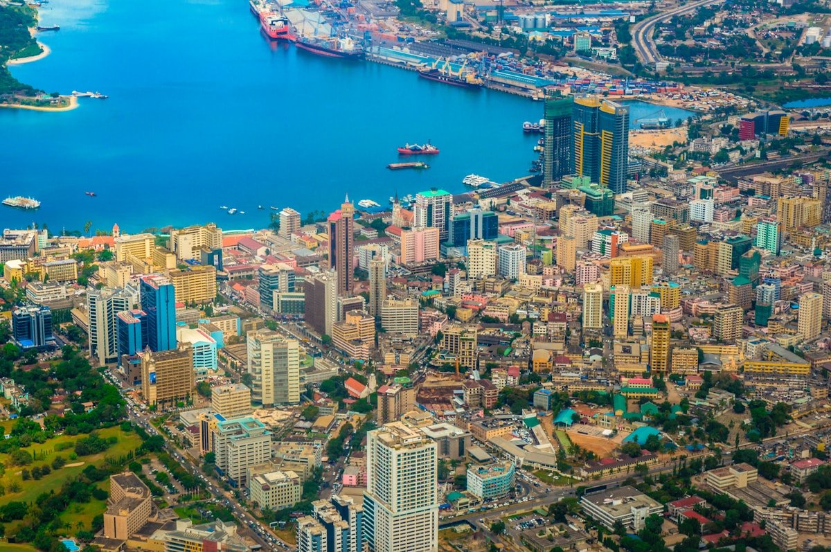 Aerial view of Dar es Salaam city skyline and harbour, Tanzania