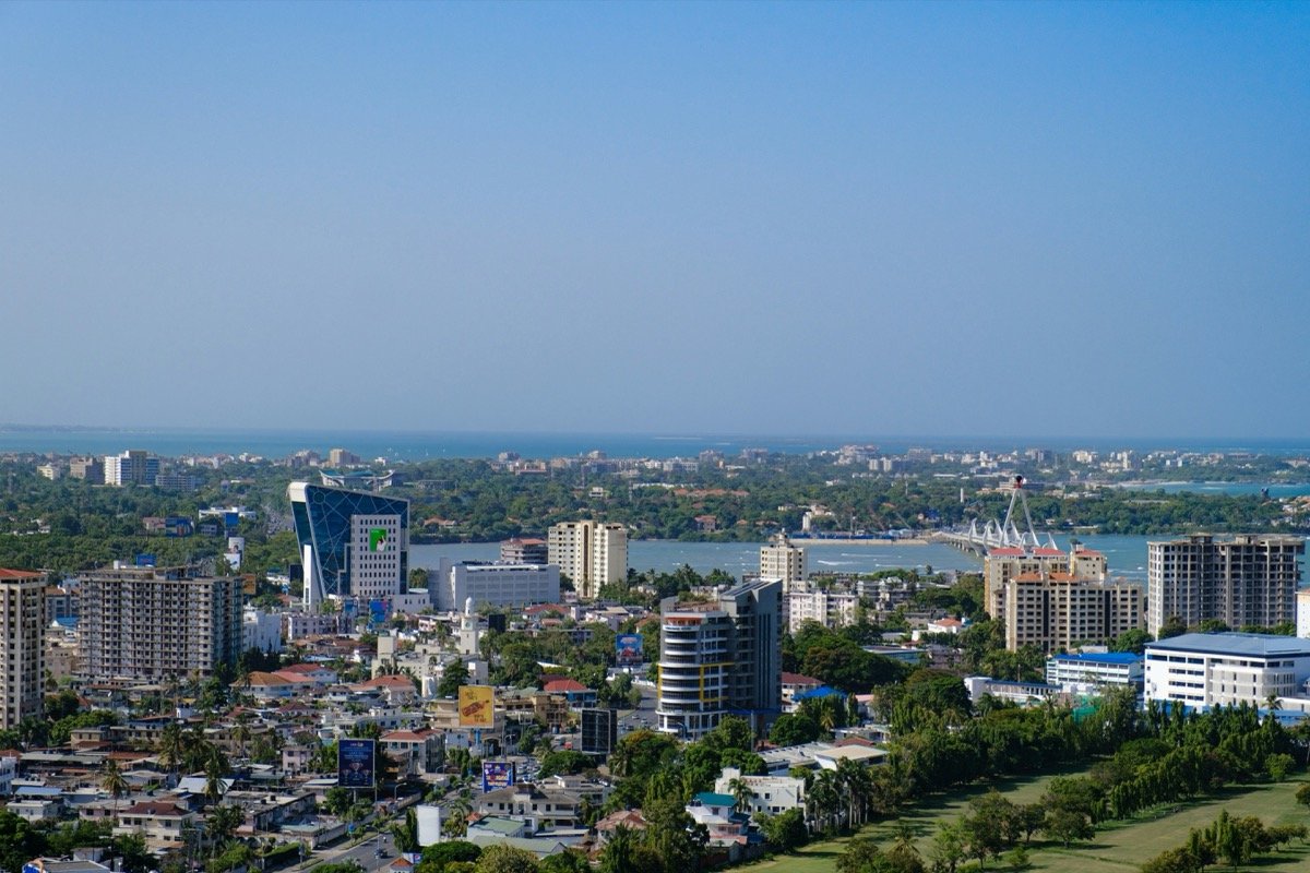 Aerial view of Dar es Salaam city skyline and harbour, Tanzania
