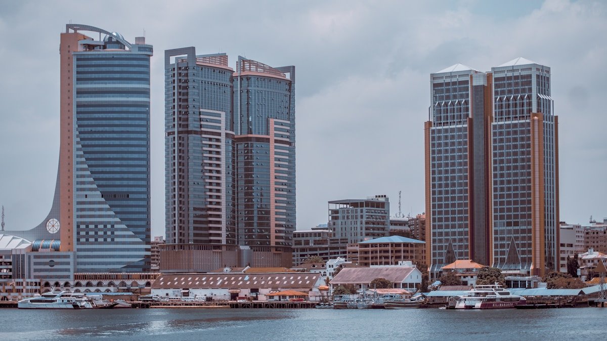 Dar es Salaam city skyline and waterfront with modern towers and harbour, Tanzania