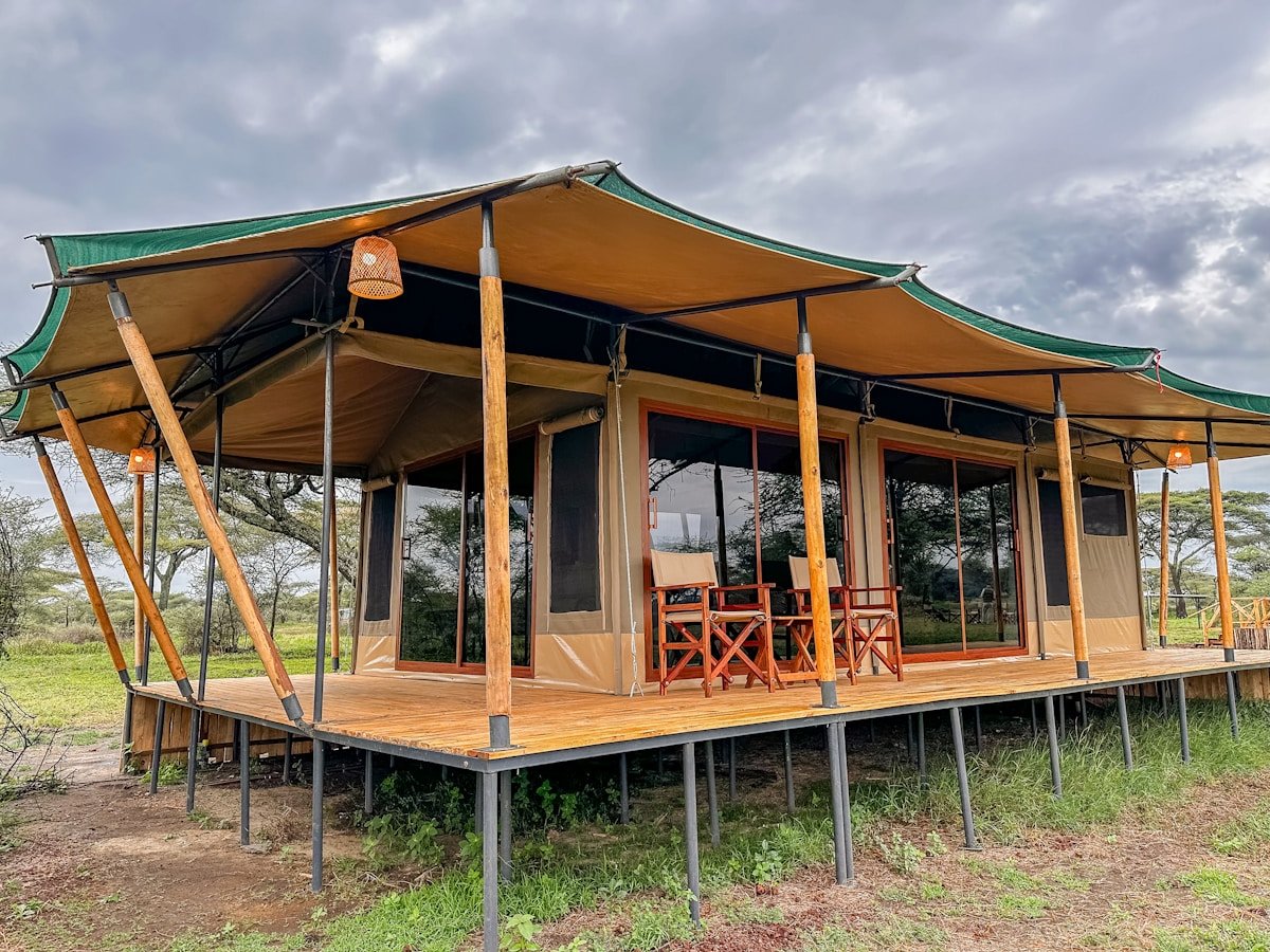 Luxury safari tent on a raised wooden deck in the Ngorongoro Conservation Area, Tanzania