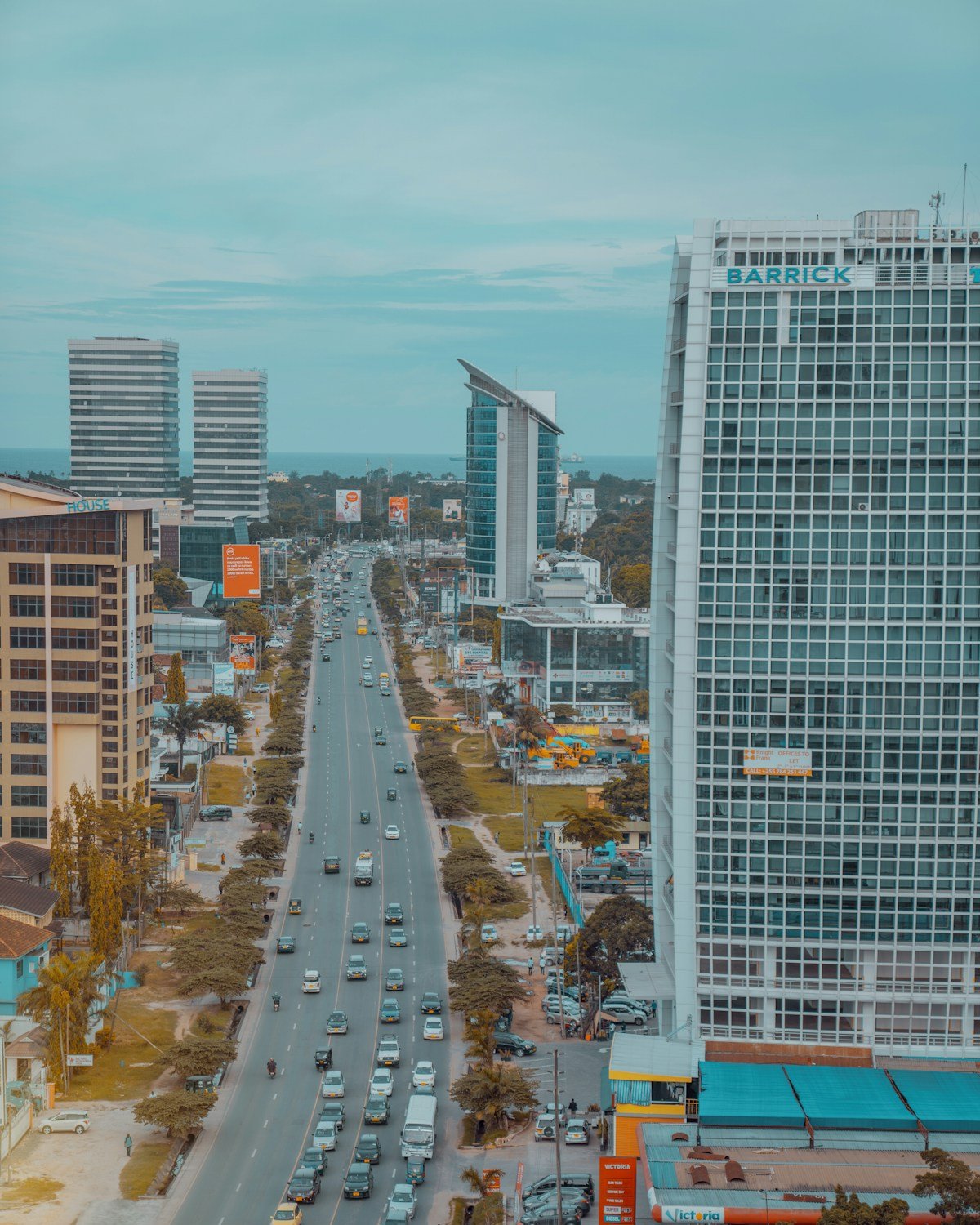 Aerial view of Dar es Salaam city centre with high-rise buildings and traffic