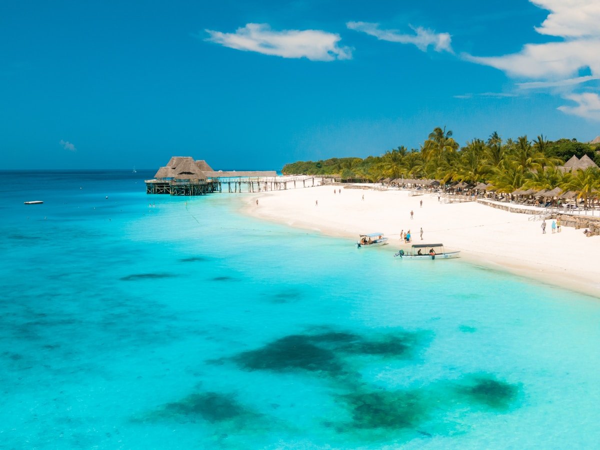 Aerial view of Zanzibar island surrounded by turquoise Indian Ocean waters in Tanzania