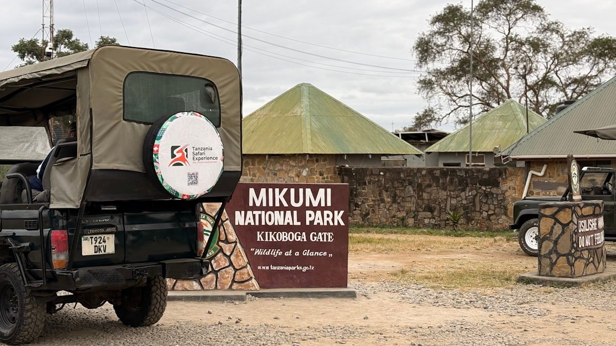 Safari vehicle at the Kikoboga Gate entrance of Mikumi National Park, Tanzania