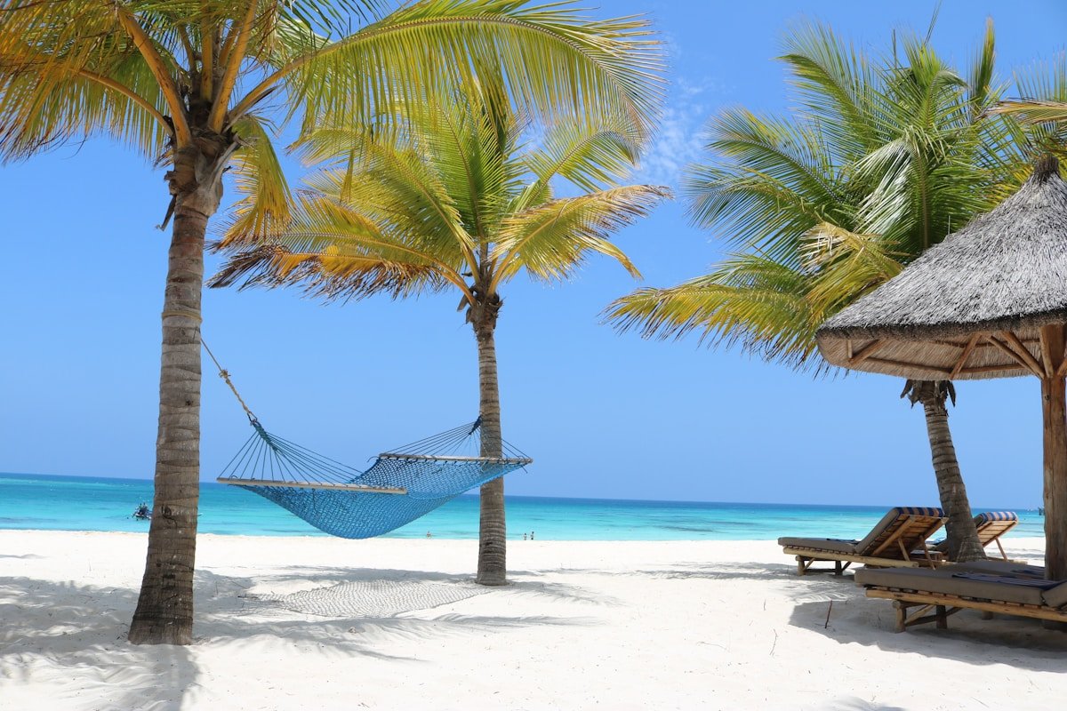 Hammock between palm trees on white sand beach with turquoise Indian Ocean, Zanzibar, Tanzania