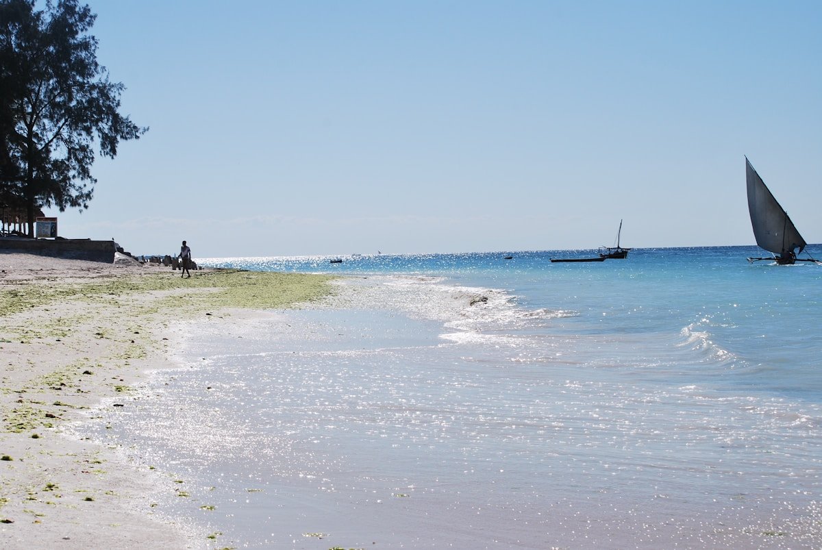 Sandy beach with a traditional dhow sailing boat on calm blue water, Zanzibar, Tanzania
