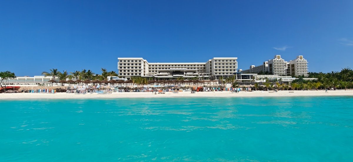 Luxury beach resort on white sand beach with turquoise water, Zanzibar, Tanzania